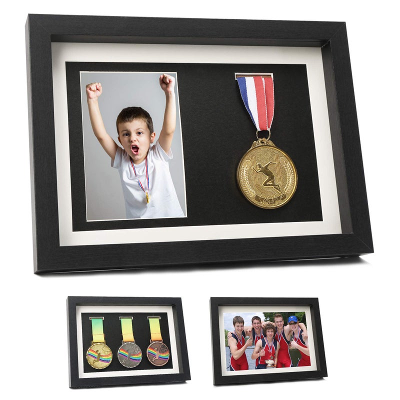 IHEIPYE Medal Display Shadow Box - 3 Medal Display Case - Perfect for Runners, Marathon, Race Winner, Soccer, Football, Gymnastics & All Sports (Black, A4) - Image 1